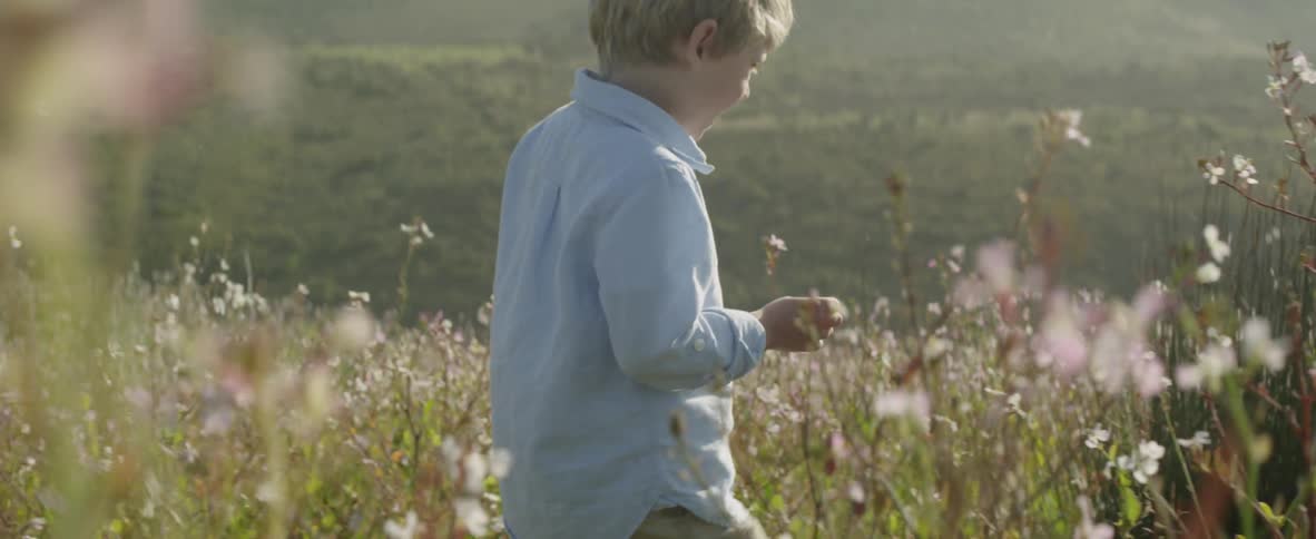 A young boy walks through tall weeds