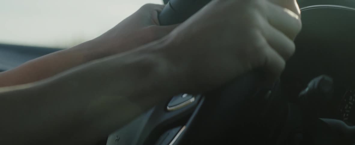 A driver rests their hands on a steering wheel