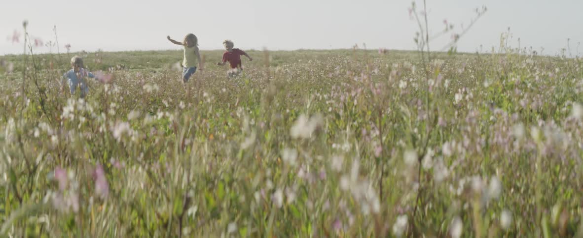 Kids run through a grassy field