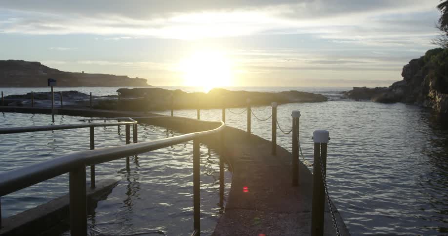 A pier extending towards the ocean at sunset