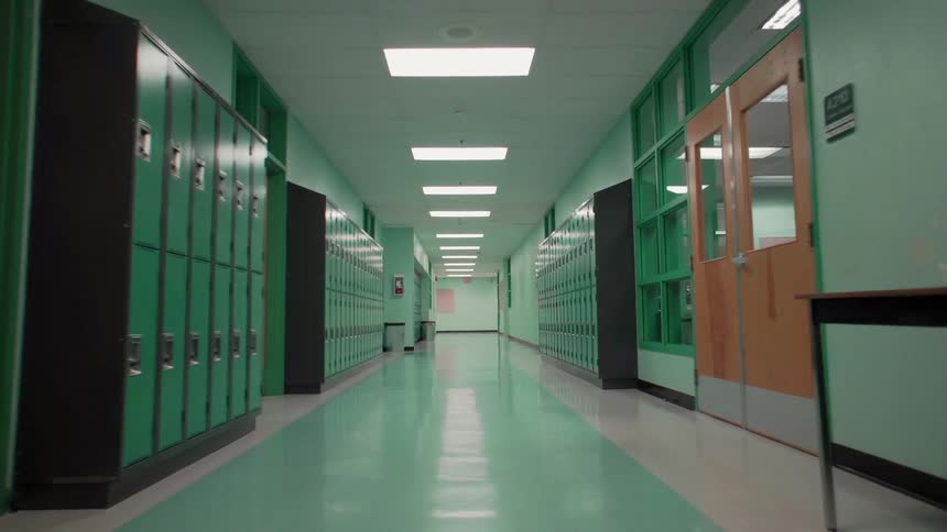 The long school hallway is empty