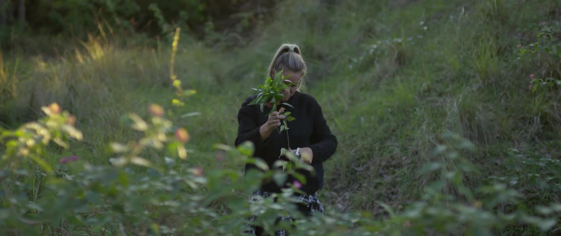 A woman is picking plants