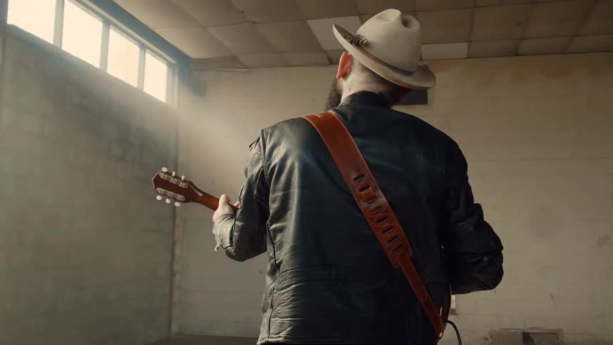 A man is playing guitar and turning back and forth