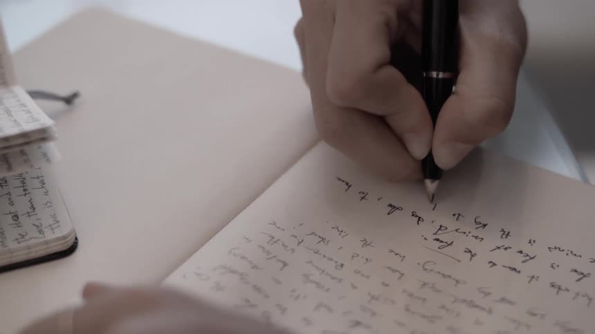 A person is writing in a notebook