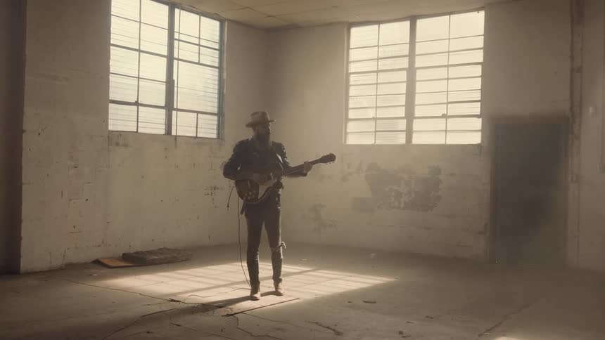 A man stands in an empty room with a guitar