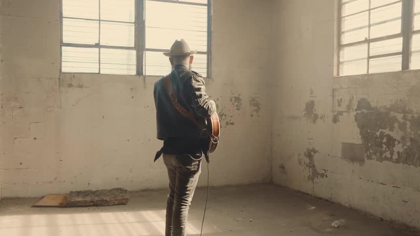 A man stands in an empty room holding a guitar