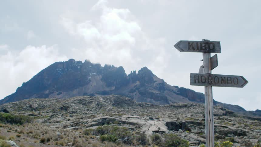 A wooden sign points in different directions on hilly land
