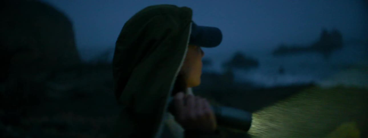 A woman walks on a beach with a flashlight