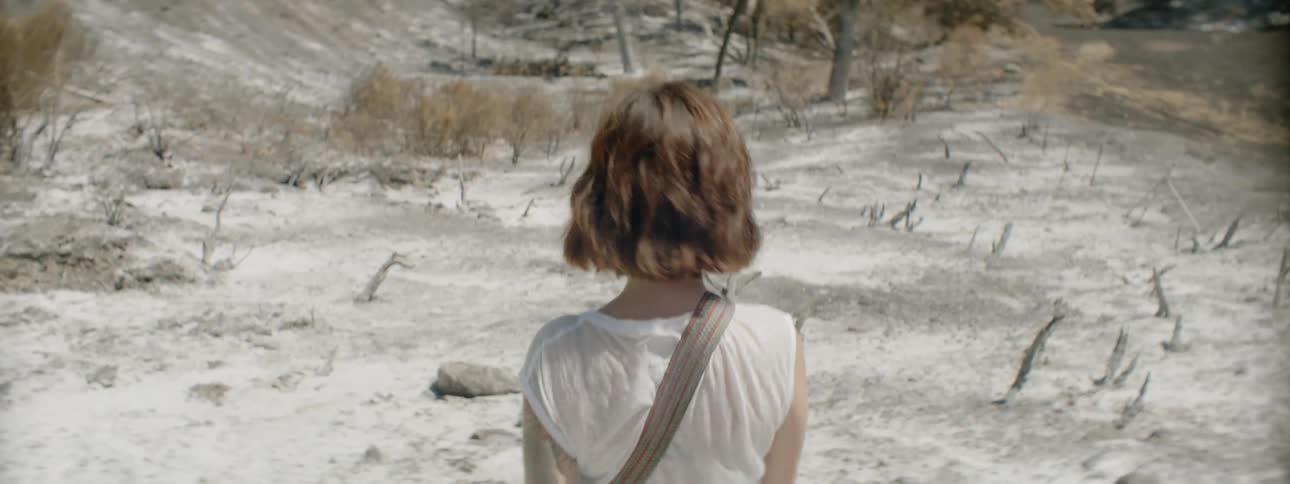 A woman walks across the desert