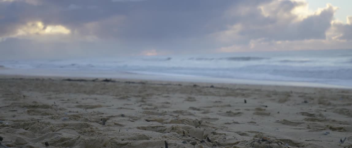 A beach is shown at dusk