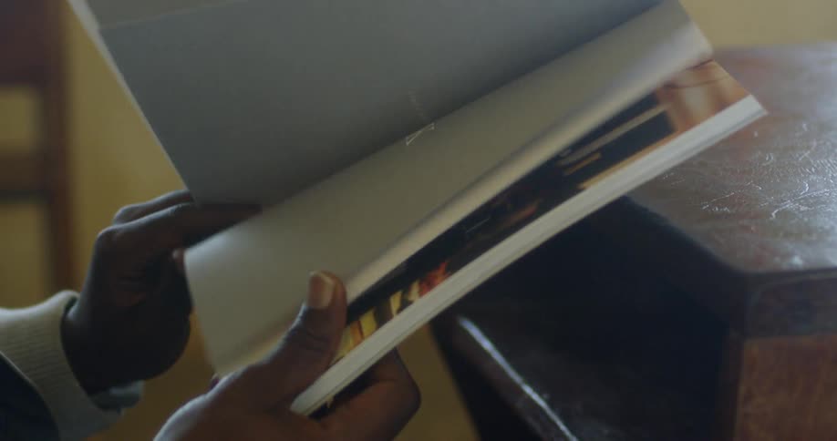 A person is flipping through a book with pictures