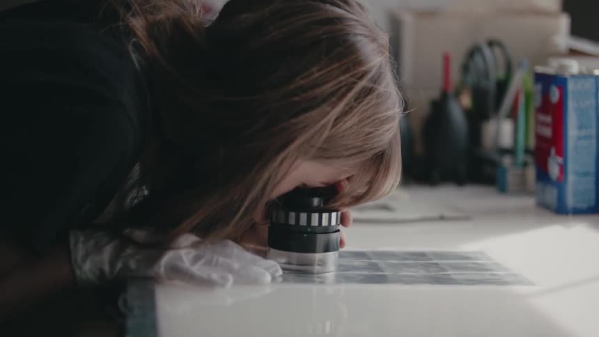 A woman looks at film negatives at a workbench