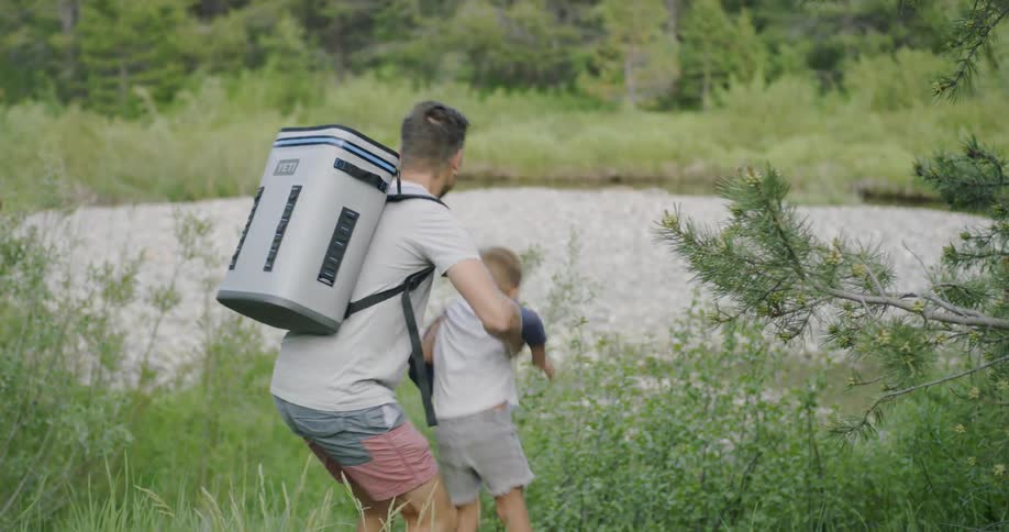 A family are hiking in the wilderness