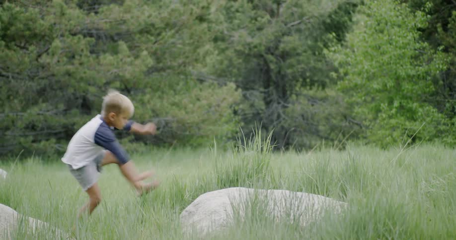 A boy climbs from one rock to another in the grass