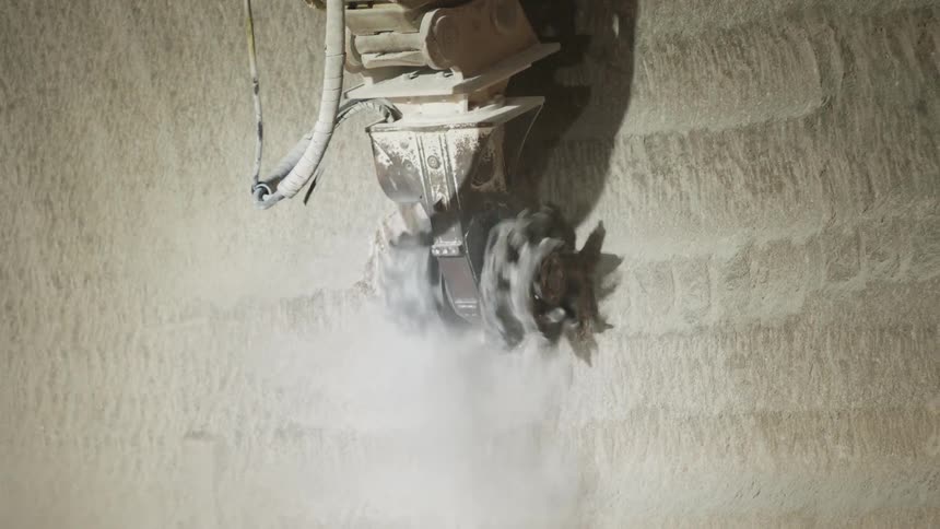 A machine grinds at a stone wall