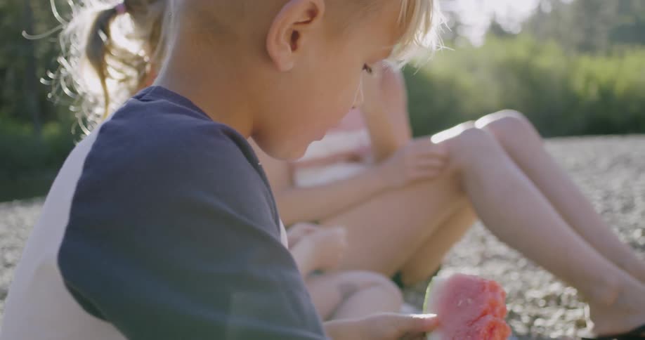 Family eats watermelon on rocky beach on sunny day