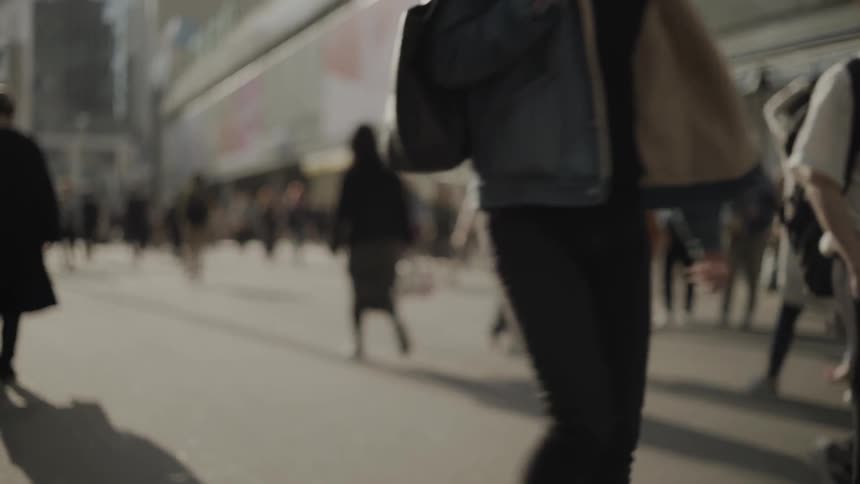 Crowd of people walk in a sunny downtown