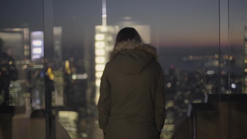 A woman looks out at a city at night