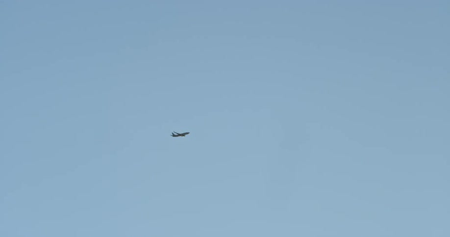 The plan flies across the clear sky