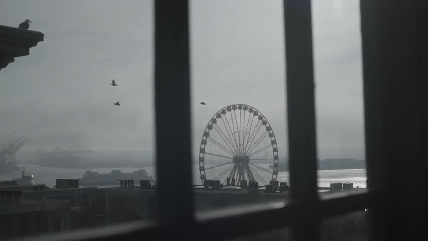 Birds flying and a ferris wheel slowly turning under heavy clouds