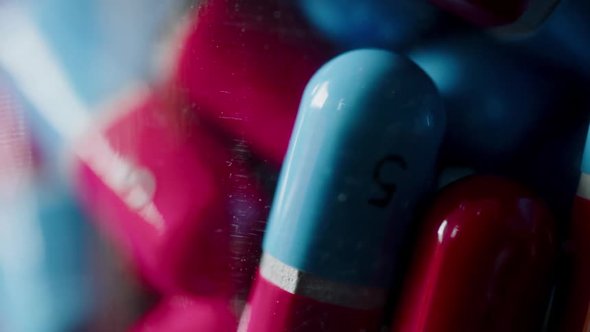 Red and blue pills in a pile