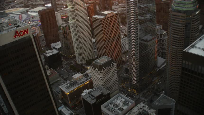 Soaring through Skyscrapers at sunset, Downtown Los Angeles
