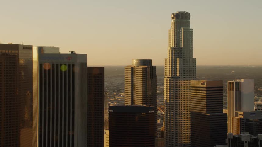 Aerial view of skyscrapers in Downtown Los Angeles at sunrise