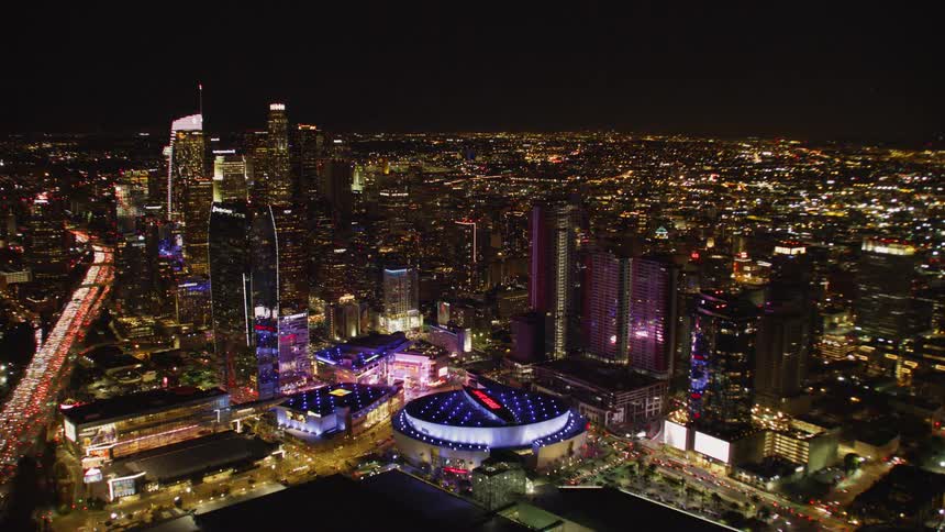 Staples Center and Downtown Los Angeles Skyline at Night