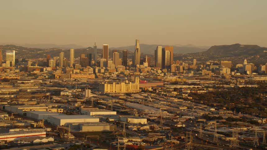 Aerial zoom of Los Angeles at golden hour