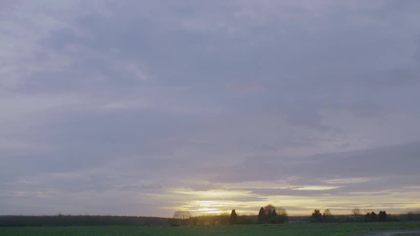 Grey clouds hover over the grassy field