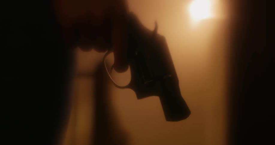 A person is standing in the dark holding a gun