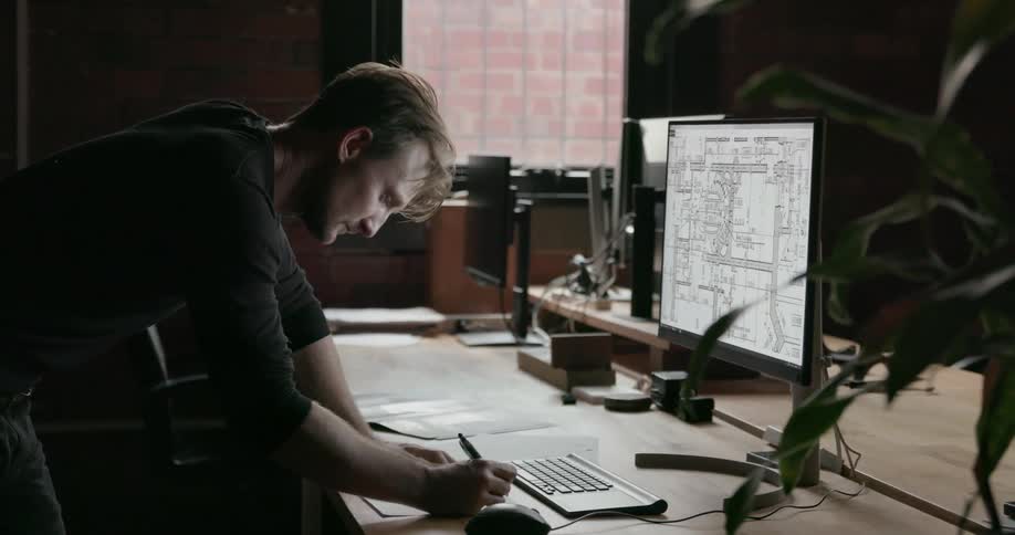 A man works on a computer