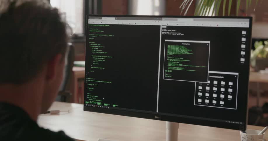 Man sits at a desk looking at a monitor