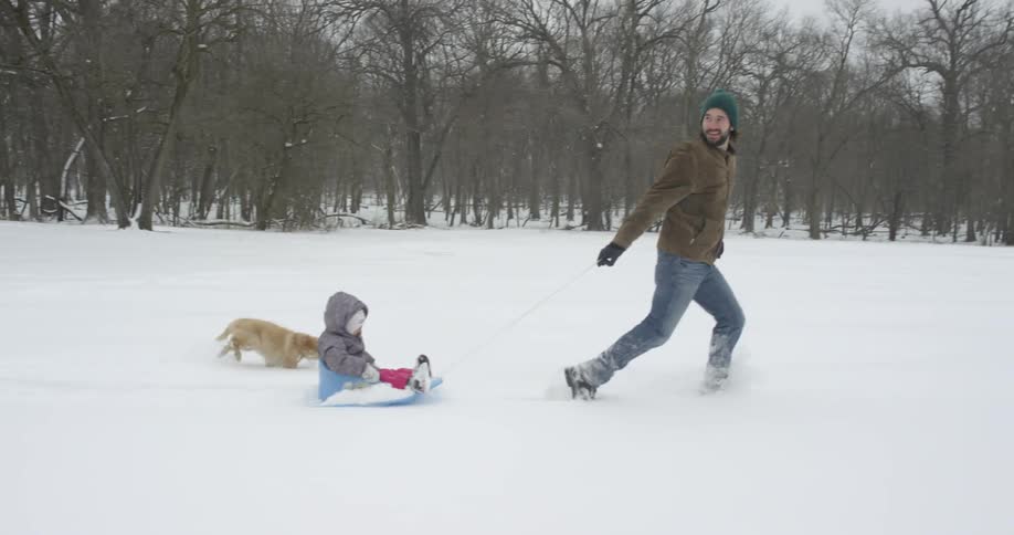 Man pulls a baby on a sled in the snow as a dog runs next to them