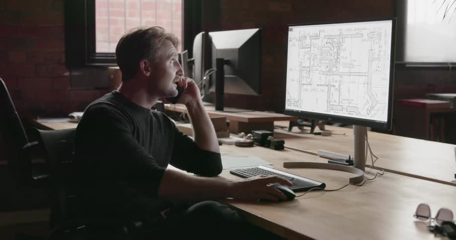 A man talks on the phone as he looks at his computer