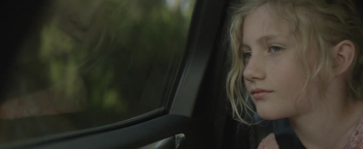 Child sits in a car looking out the window