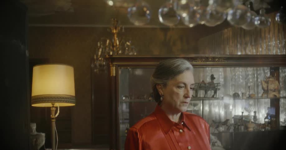 A woman stands in the room near the cabinet