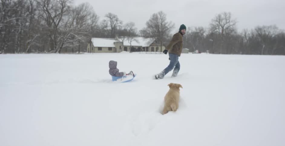 A man pulls a child on a sled as the dog follows