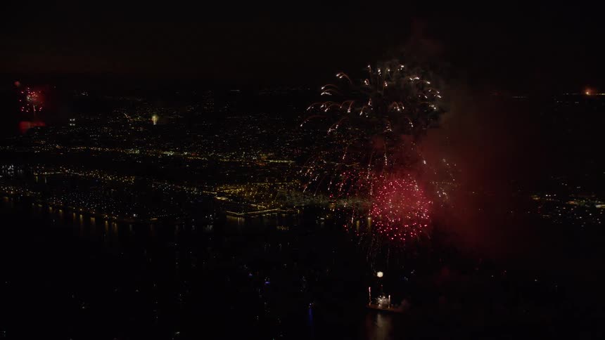 Fireworks explode in a dark night sky