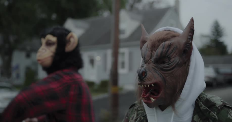 Teenagers in animal masks throw eggs at a house