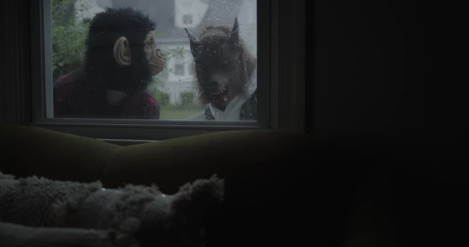 Two people in halloween masks stand directly outside the window staring in