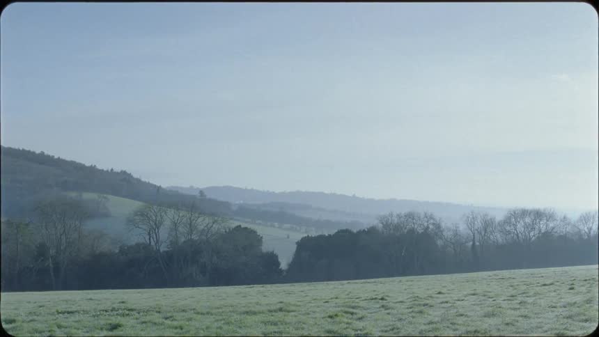 Trees and grass cover the hilly landscape