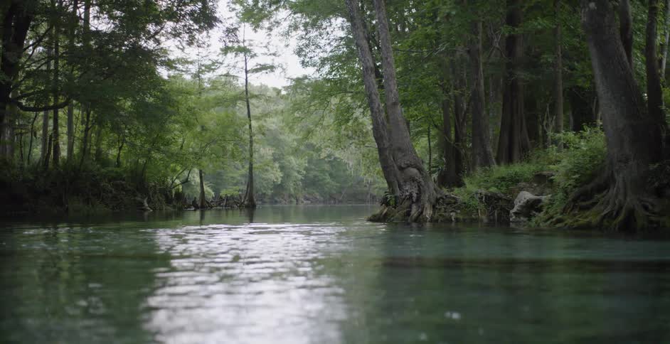 The river water flows downstream