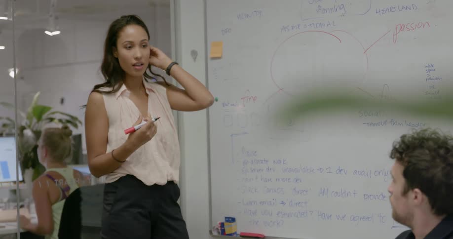 A woman is talking with a man while standing by a dry erase board