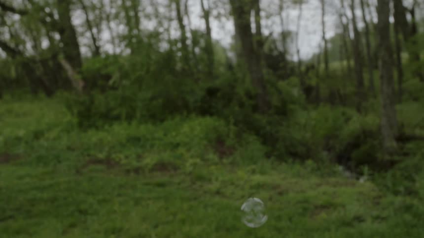 A boy blows bubbles outside