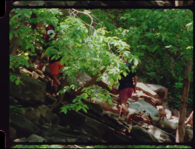 Young people climbing in the woods on a rocky hill