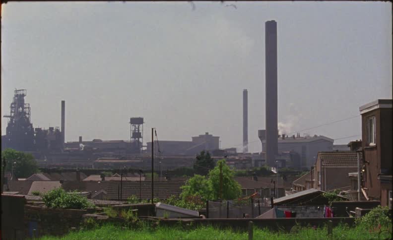Birds fly over the industrial area of a city