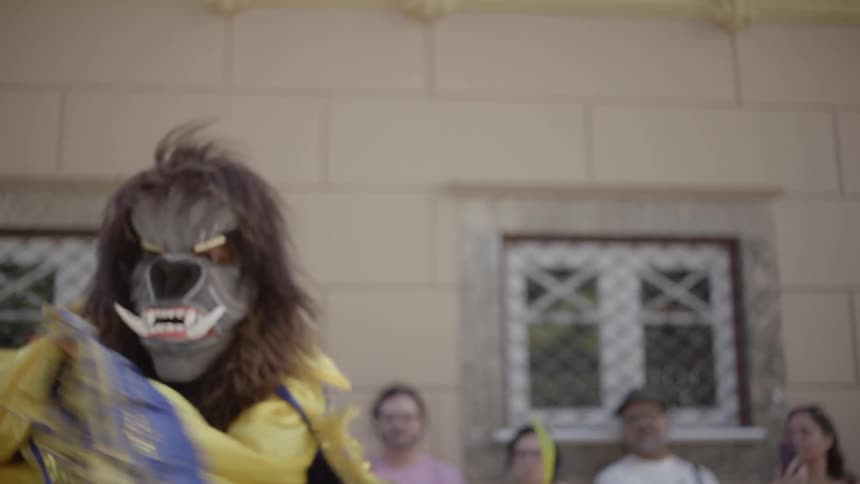 A dancer performs in a mask and costume