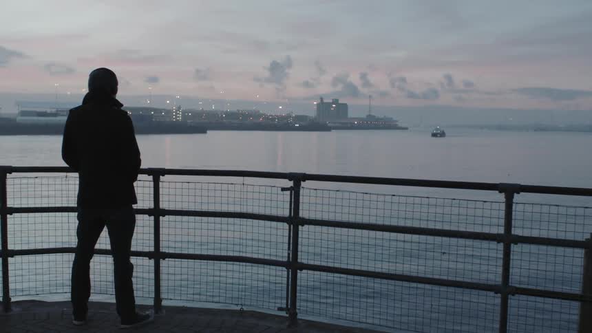 A man is viewing a harbor as he stands outside at dusk