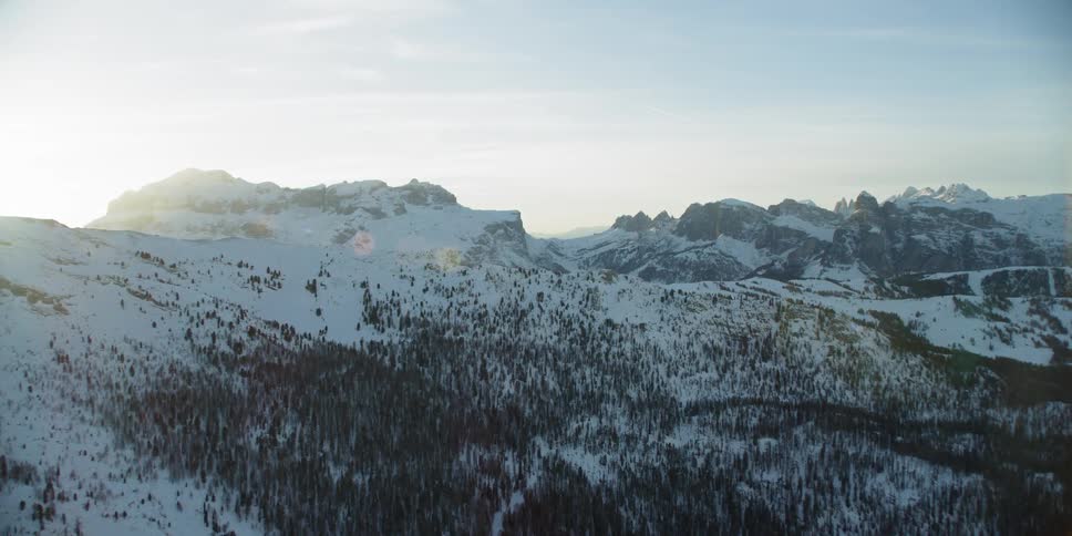 The forest is on the snow covered mountain range